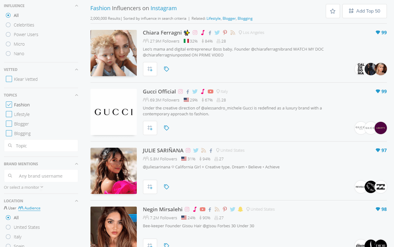 influencer profiles on an influencer marketing platform