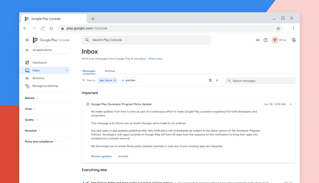 Google Play Console Inbox