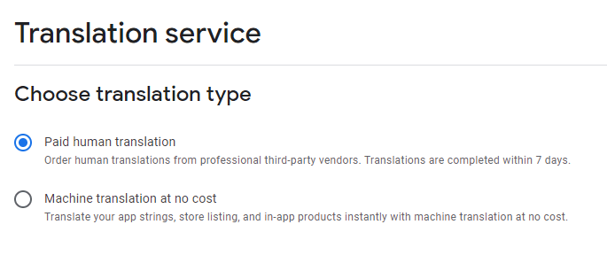 Google Play Console Translation Service